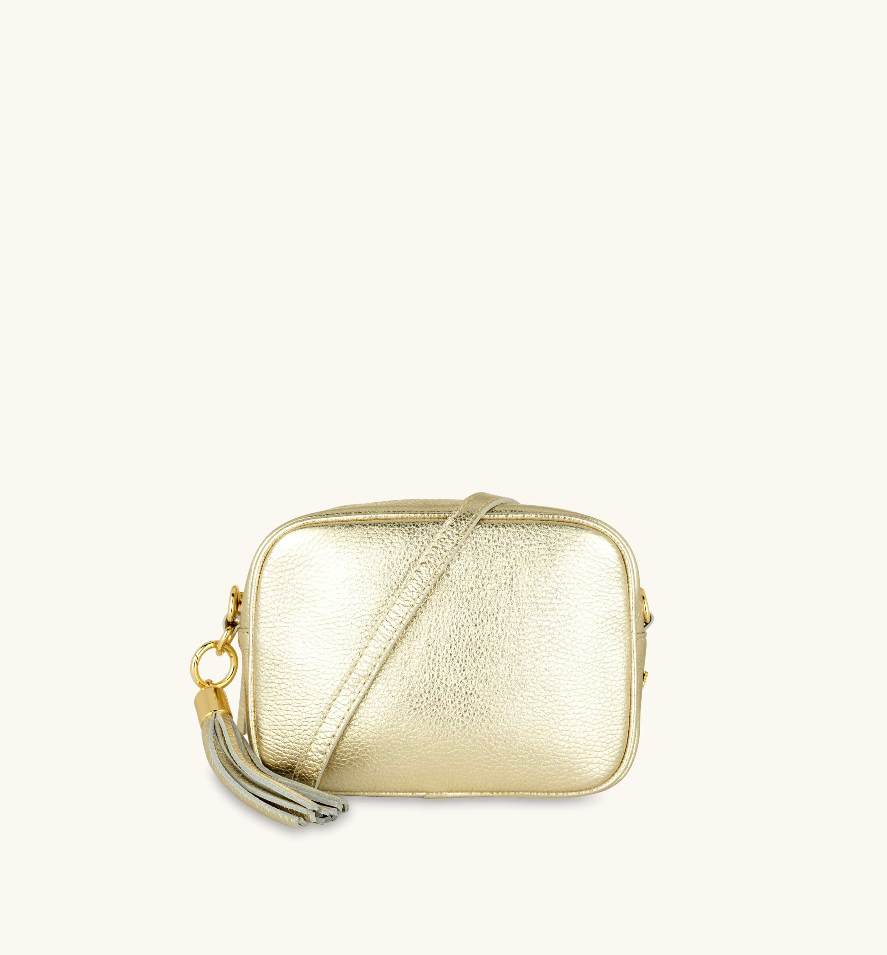The Tassel Gold Leather Crossbody Bag With Navy Leopard Strap