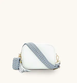 The Tassel White Leather Crossbody Bag With Denim Blue Chevron Strap