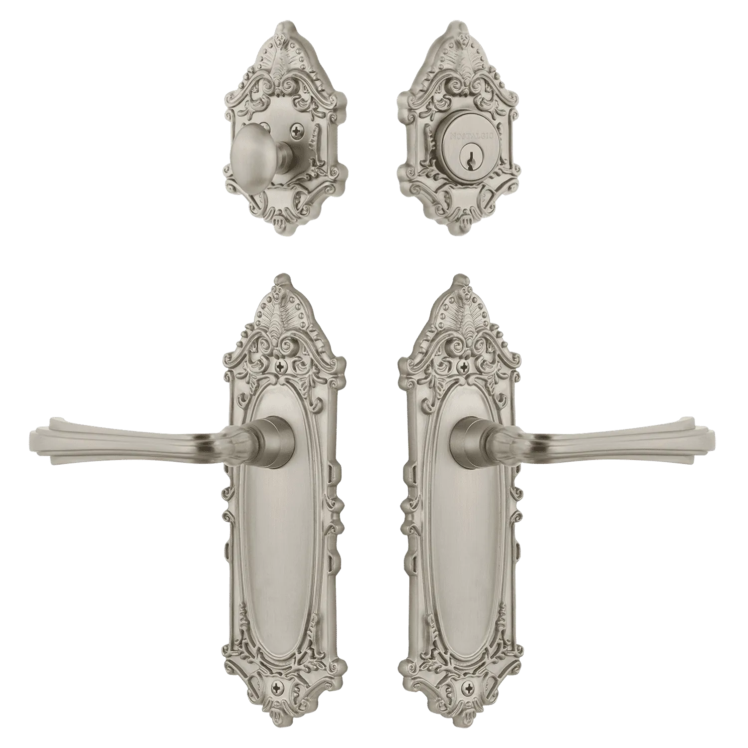 Victorian Entry Set with Fleur Lever in Satin Nickel