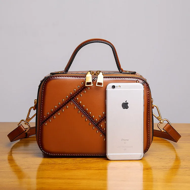 Vintage Leather Cube Bag Womens Crossbody Bags Shoulder Bag for Women