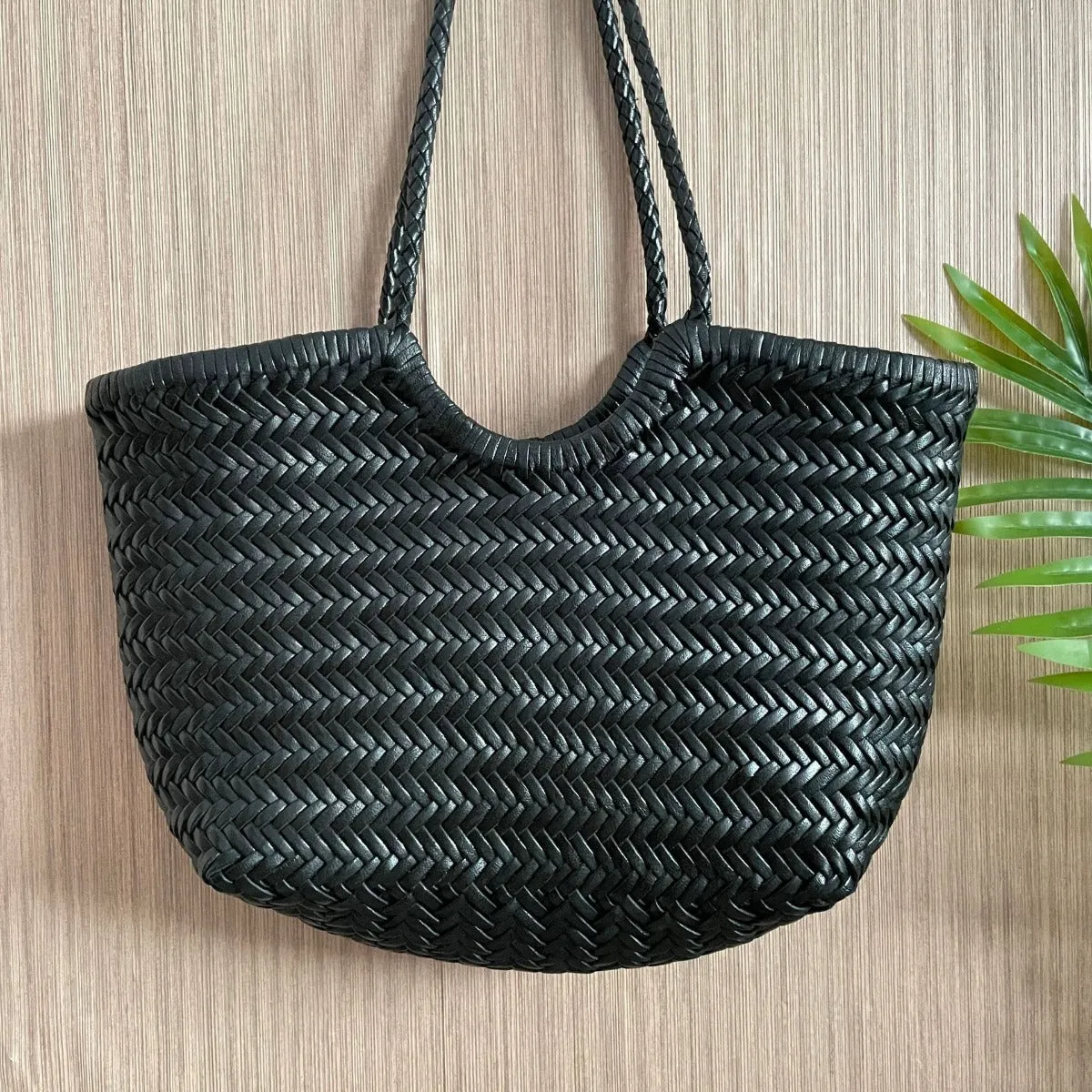 Xanthe | Black Woven Leather Tote Bag – Stylish & Spacious Handbag