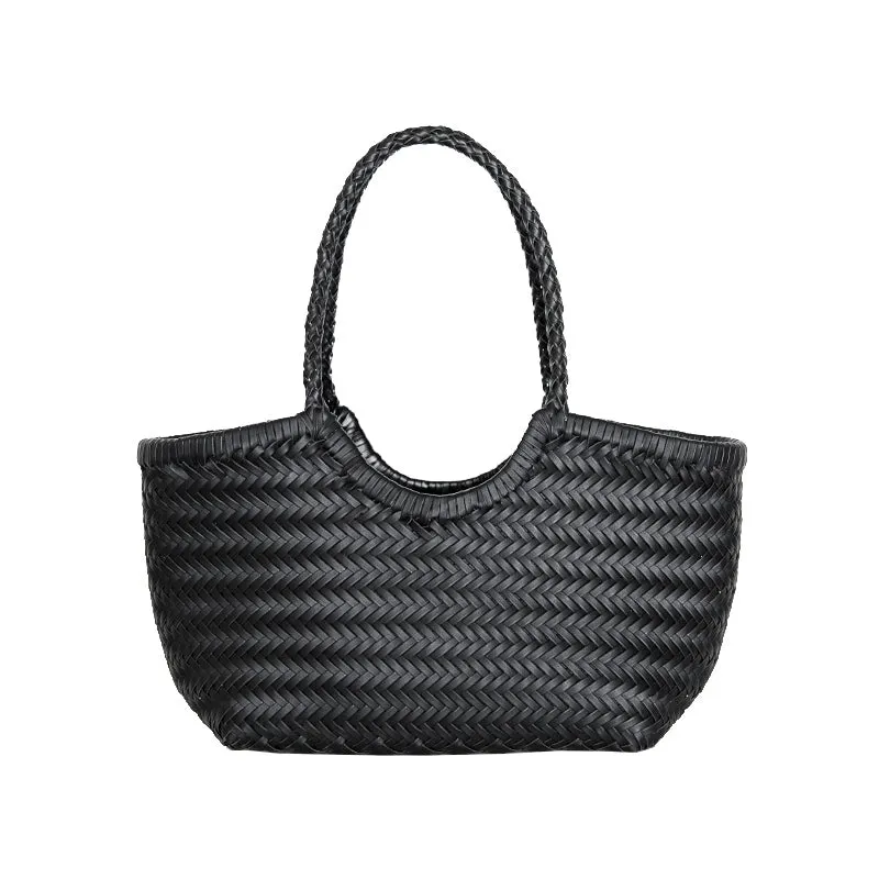Xanthe | Black Woven Leather Tote Bag – Stylish & Spacious Handbag