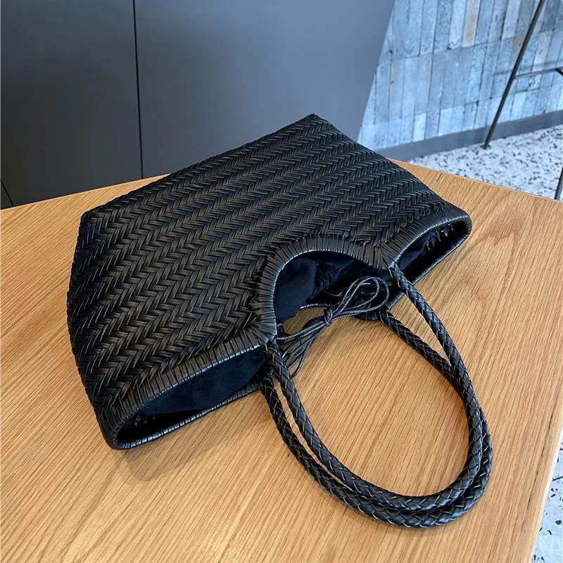 Xanthe | Black Woven Leather Tote Bag – Stylish & Spacious Handbag