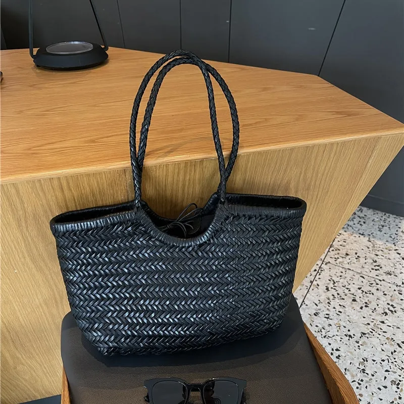 Xanthe | Black Woven Leather Tote Bag – Stylish & Spacious Handbag