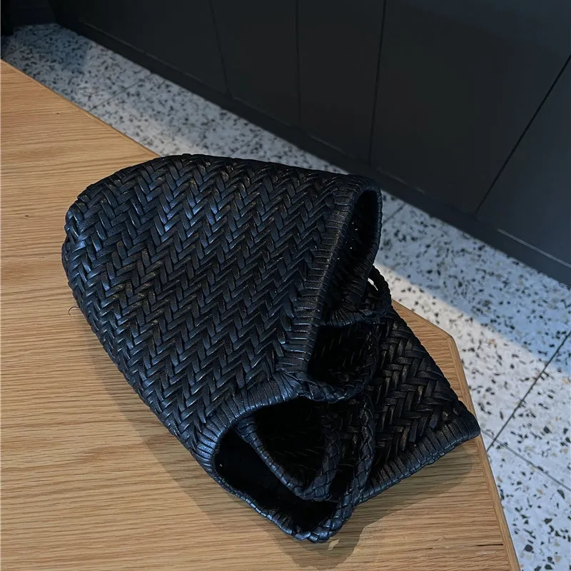 Xanthe | Black Woven Leather Tote Bag – Stylish & Spacious Handbag